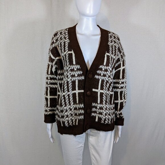 Cider 90s Brown/Ivory Chunky Cardigan Button Down V-Neck Sweater Womens M - Picture 2 of 5